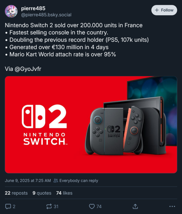 Switch 2 console sales in France (Image source: screenshot, pierre485 Bluesky account)