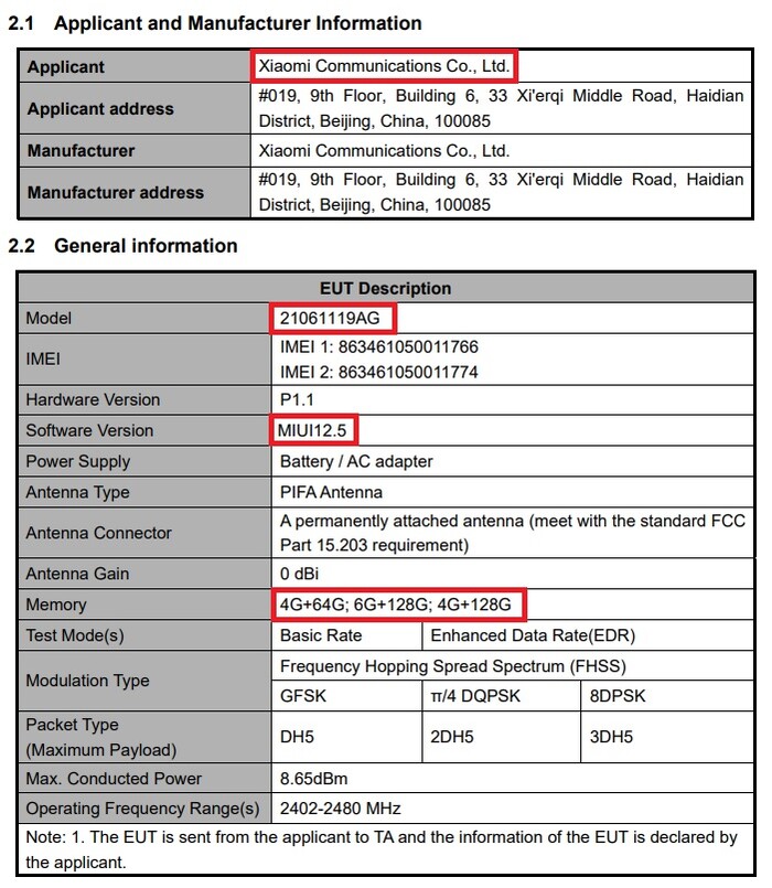 Redmi 10 specs. (Image source: FCC)