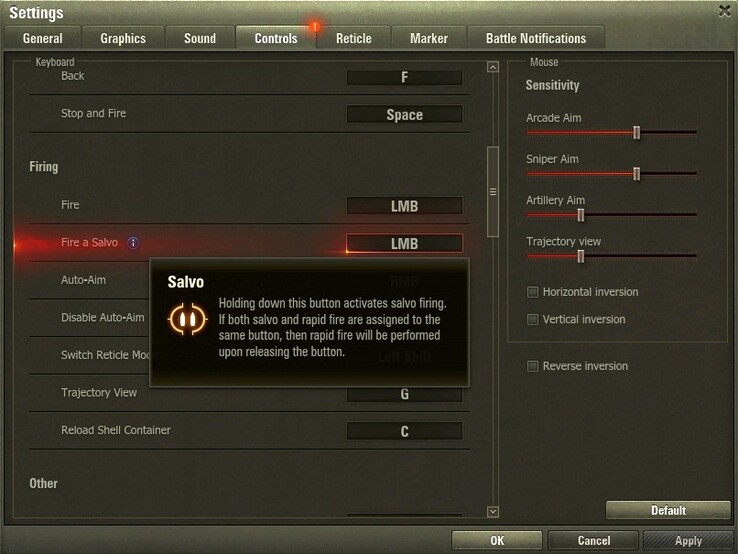 World of Tanks 1.7 salvo fire setting (Source: Own)