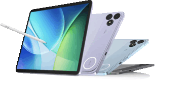Blackview Zeno 6 tablet with a stylus, shown alongside purple, blue and gray rear panels.
