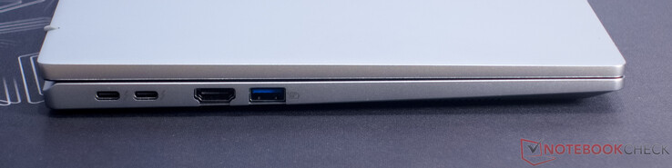 2x Thunderbolt 4/USB 4 (USB-C; PowerDelivery, Displayport), HDMI, USB 3.2 Gen 1 (USB-A)