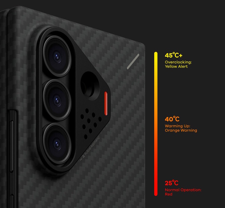 An integrated color-changing stripe allows users to monitor the temperature of their phones.