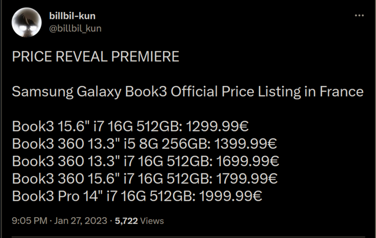 قیمت های سری Galaxy Book3 (تصویر از طریق Bilibilikun در توییتر)
