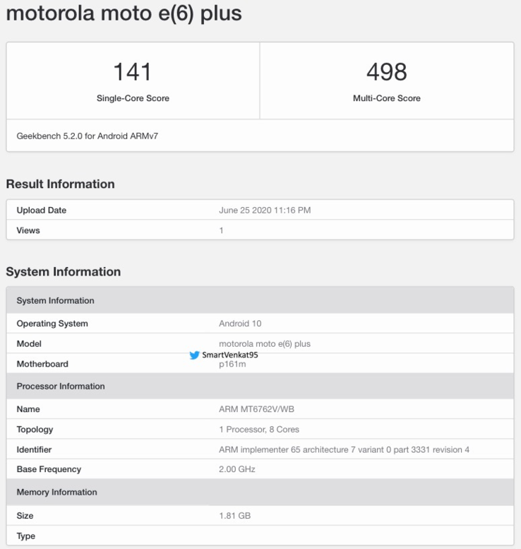 A possible Moto E6 Plus on Android 10. (Source: Geekbench 5 via Twitter)