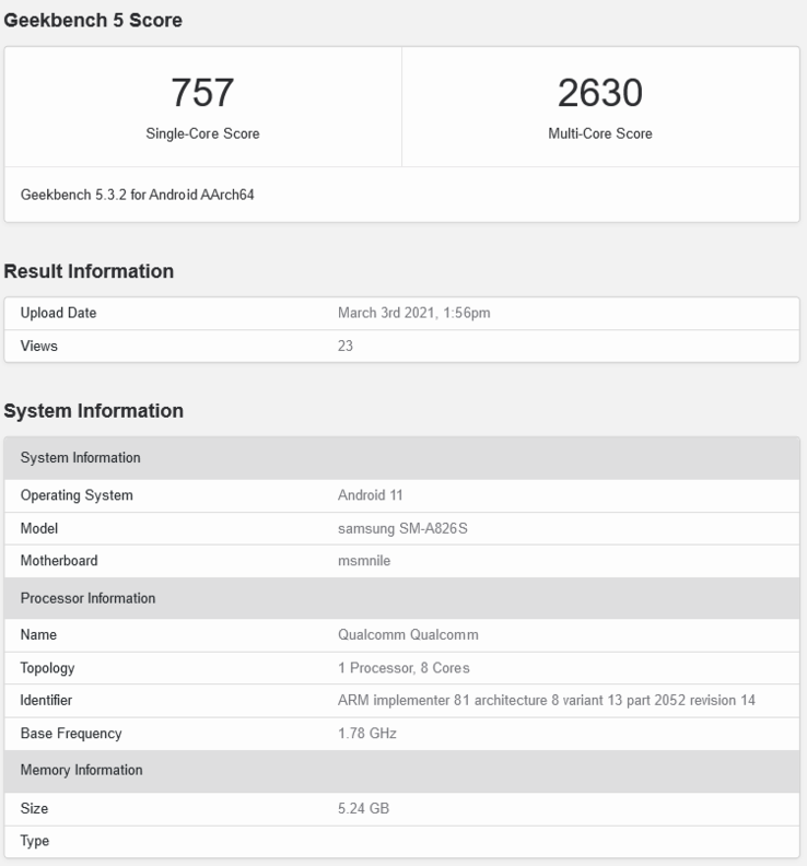 Samsung Galaxy A82 on Geekbench (image via Geekbench)