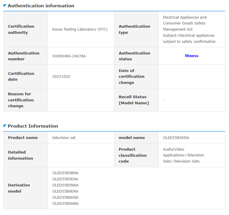 A screenshot of the recent listing in the Safety Korea database with LG B5 and B6 TV model numbers. (Image source: LG)
