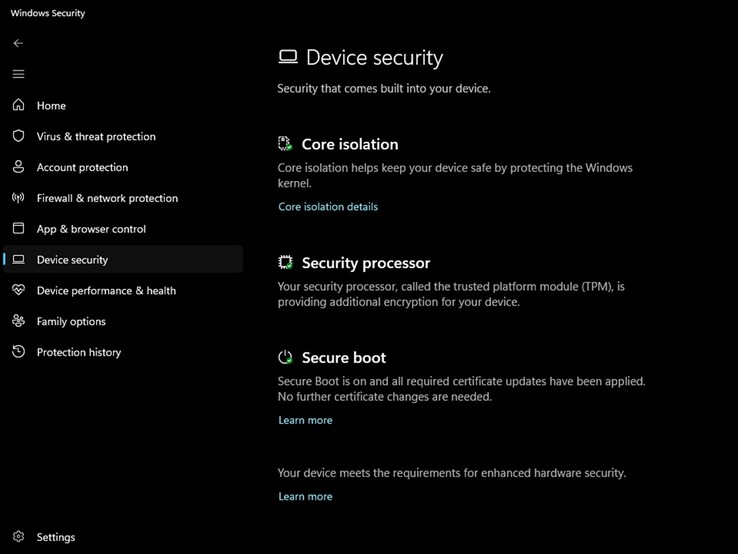 The Device security page in the Windows Security app displaying the official green status indicator.