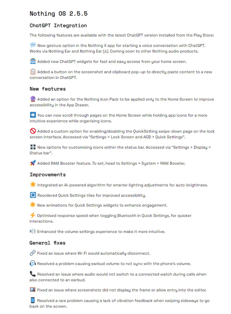 Nothing OS 2.5.5 for Nothing Phone 1 changelog (Image source: Nothing)