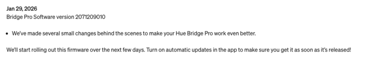 The release notes for Philips Hue Bridge Pro Software version 2071209010 (identical to Hue Bridge v2 update). (Image source: Screenshot of Philips Hue support page)