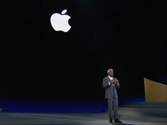 Google Cloud CEO Thomas Kurian on stage with Apple logo behind him (screenshot).