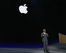 Google Cloud CEO Thomas Kurian on stage with Apple logo behind him (screenshot).