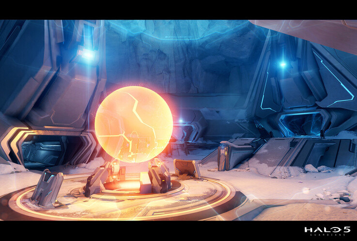 A glowing Forerunner energy sphere anchors this Halo 5: Guardians environment, framed by icy terrain, hard-edged alien architecture, and cool blue lighting.