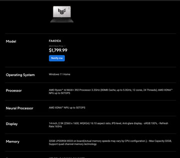 Asus TUF Gaming A14 FA401EA specifications in the US. (Image source: Asus)