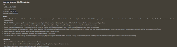 The change log for the Amazfit Balance OTA 7 Update. (Image source: Amazfit)