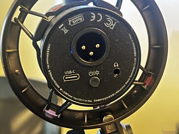 Bottom: XLR input, USB-C, power/LED button, 3.5 mm audio out