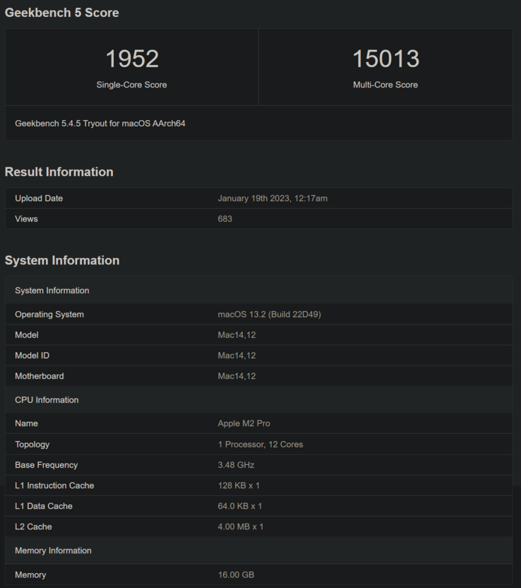 Apple M2 Pro Geekbench listing (image via Geekbench)