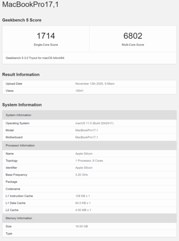 Apple MacBook 13 with M1 single and multi-core scores. (Source: Geekbench)