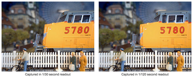 Still image capture. Note the focal plane distortion on the left; the train's front appears slanted. (Source: Sony)