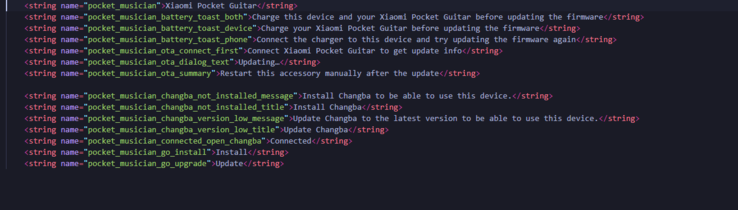 Strings showing that Xiaomi Pocket Guitar requires pairing with Changba application to work