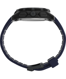 Side view of the black Timex Ironman Adrenaline showing its protected crown, pushers, and dark blue strap.