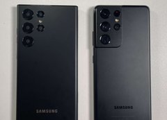 A dummy Galaxy S22 Ultra unit next to the Galaxy S21 Ultra. (Image source: GSMArena)