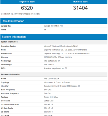 Intel Core i9-9900K on Geekbench, OS - Windows 10. (Source: Geekbench)