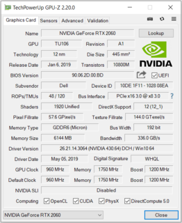 GeForce RTX 2060 GPU-Z pulled from the Dell G5 15 5590