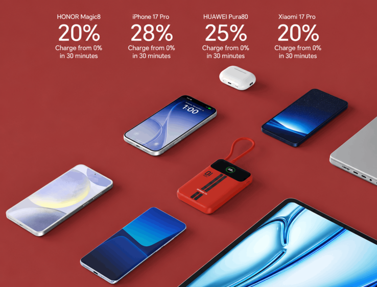Honor Life power bank shown alongside smartphones, wireless earbuds and a laptop