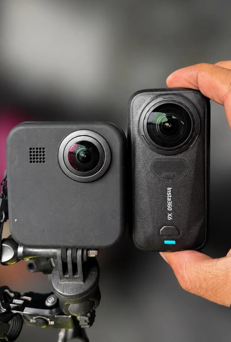 The Insta360 X6 next to a GoPro Max 360 action camera.