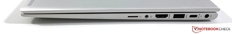 Right: microSD reader, 3.5 mm audio, HDMI 1.4b, USB-A 3.2 Gen.1, USB-C 3.2 Gen.2 (DisplayPort 1.4), power