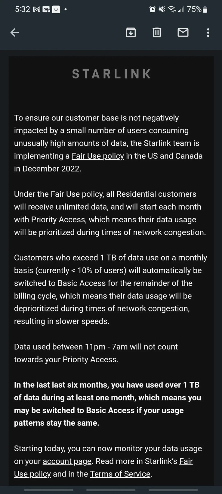 The data cap message SpaceX has been sending to Starlink users since Friday