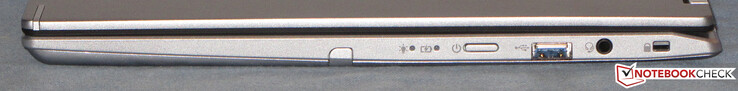 Right side: power button, USB 3.2 Gen 1 (Type A), audio combo port, slot for a cable lock