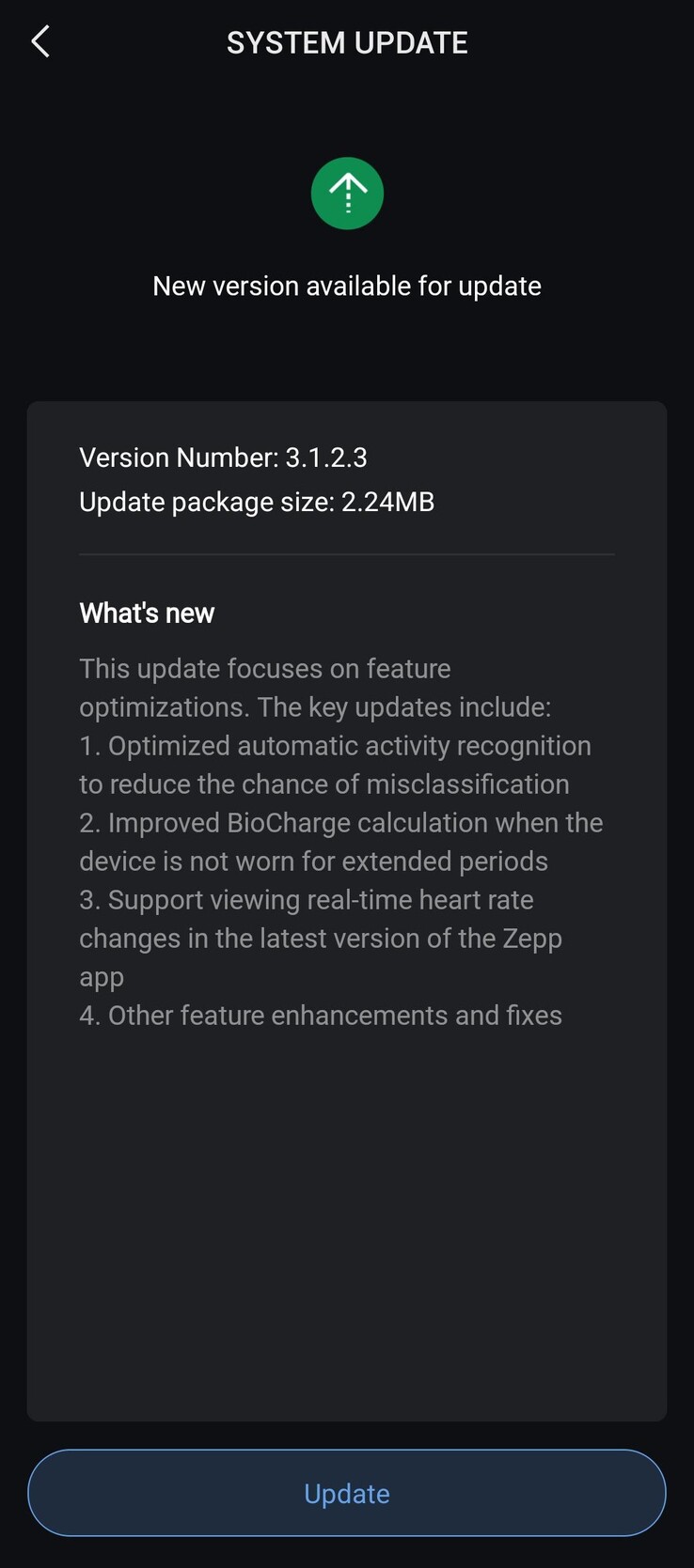 The release notes for software version 3.1.2.3 for the Amazfit Helio Strap. (Image source:  u/FluffyMousse6975 via Reddit)