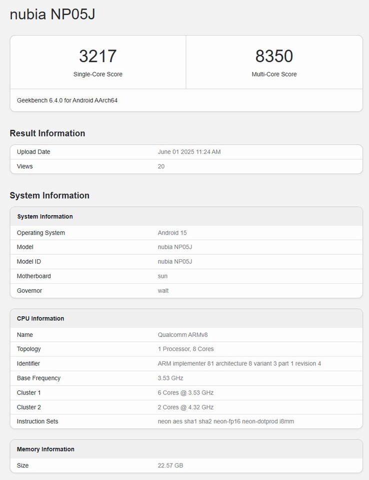 The alleged Geekbench listing of the Snapdragon 8 Elite RedMagic gaming tablet (Image source: Geekbench)