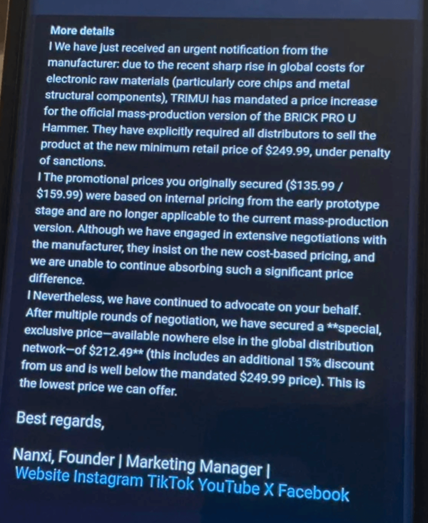A screenshot of an email notifying buyers of the price increase.