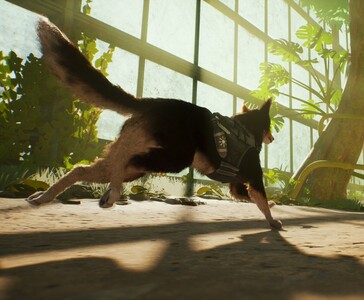 Agent T.H.U.N.D.E.R. runs through a greenhouse-like area in Barkour, showcasing parkour movement in lush surroundings. (Image source: Varsav Game Studios via Steam)