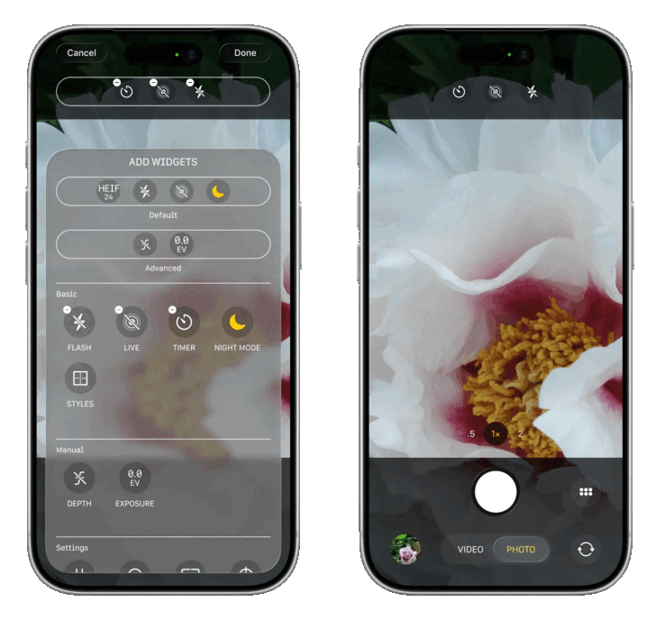 The iOS 27 Camera app is set to be redesigned to be fully customizable with an array of control options (left), while the main photo-taking interface is expected to places controls in the top center.