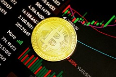 Bitcoin logo with graphs in the background