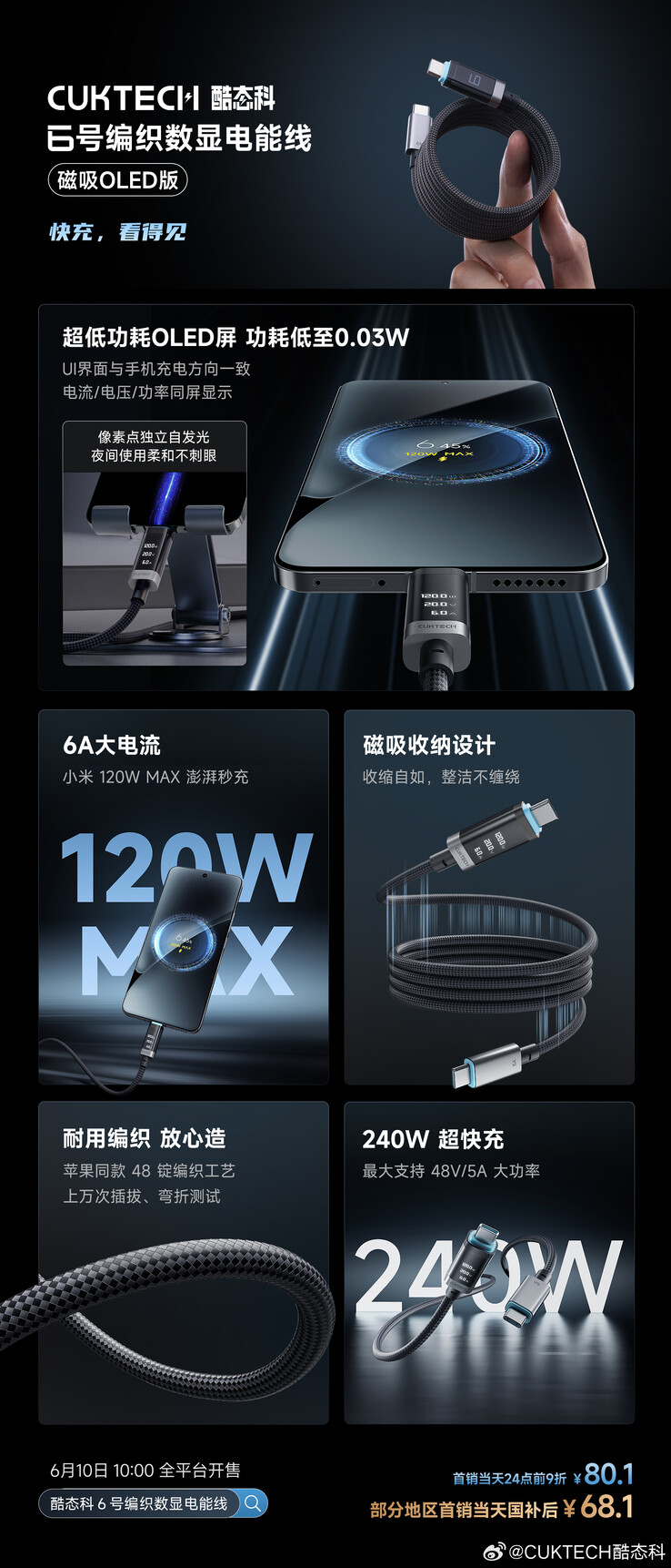 A posted for the Cuktech 6 Braided Digital Display Power Cable (Magnetic OLED Version). (Image source: Cuktech via Weibo, machine translated)
