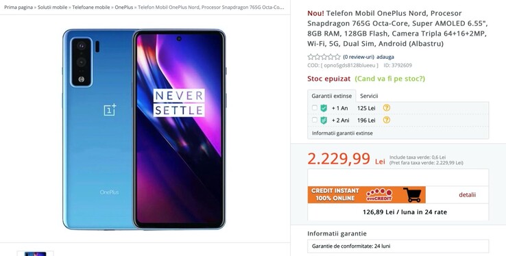 The evoMAG.ro OnePlus Nord retail listing. (Image source: evoMAG.ro)