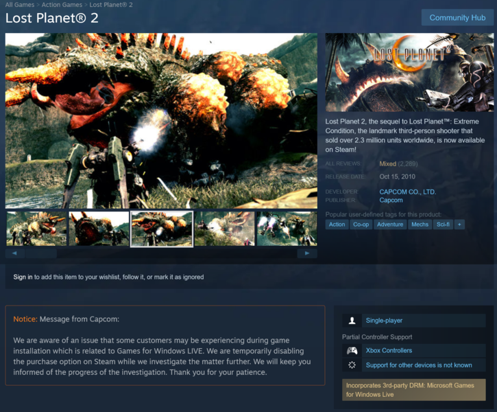 Lost Planet 2 Steam page with Capcom update on multiplayer (Image source: Steam)