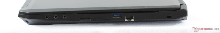Right: 3.5 mm earphone/SPDIF, Mic-in, Line-out, mini-SIM slot, SD reader, USB 3.0, Gigabit Ethernet, Kensington Lock