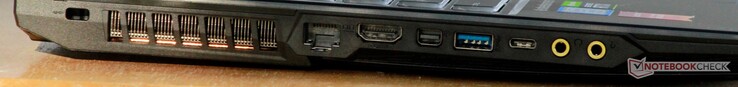 Left: Ventilation, Ethernet, HDMI 1.4, mini-DisplayPort 1.2, USB 3.1 Gen 1 Type-A, USB 3.1 Gen 1 Type-C, Headphones out, Mic in