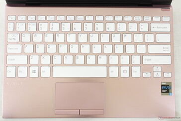 Standard keyboard layout. The font on each key can be difficult to see when the white backlight is active