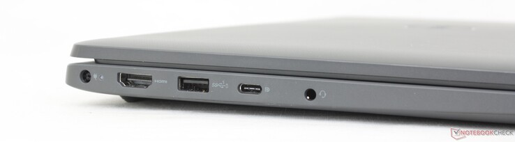 Left: Proprietary AC adapter, HDMI 1.4, USB-A 3.2 Gen. 1, USB-C 3.2 Gen. 2 w/ DisplayPort 1.4 + Power Delivery, 3.5 mm headset