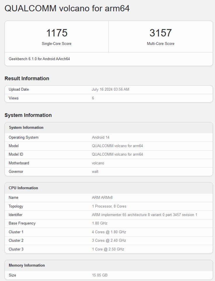 The Geekbench listing for the Snapdragon 7s Gen 3 also reveals the single and multi-core test scores, 1,157 and 3,157 respectively. (Source: Geekbench)