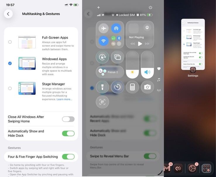 Screenshots showing an iPhone interface with iPad-style multitasking options, Control Center overlays and windowed app previews. (Image source: idevicecentral)