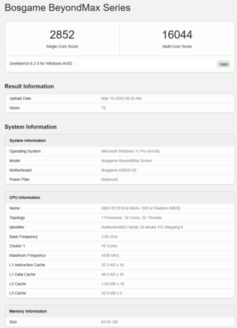 Bosgame M5 AI Mini Desktop on Geekbench (image source: Geekbench)