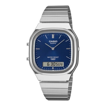Casio AQ-240E-2A2 retro analog-digital watch with a blue sunburst dial, silver-tone case, and stainless steel bracelet.