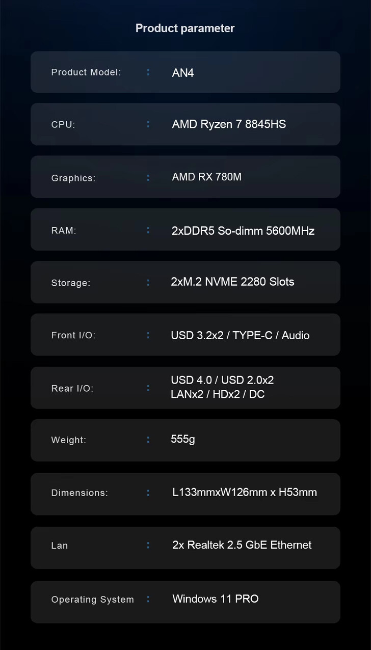 Complete specs of the mini PC (Image source: Chatreey)
